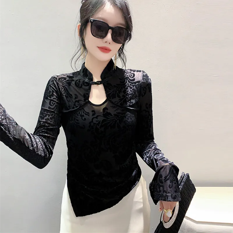 2024, nuovo, vintage, vestiti, autunno, inverno, t-shirt, sexy, supporto, patchwork, scavato, tessuto jacquard, donna, top, manica lunga, magliette, 410105