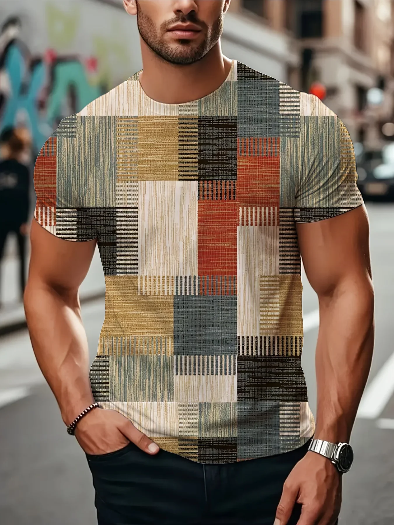 Vintage Plaid Patchwork Print T‑Shirt Retro Geometric Graphic Crew Neck Short Sleeve Summer Casual Daily Tee Tops