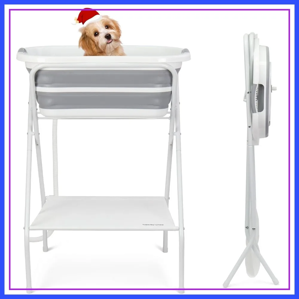 2 in 1 Dog Bath Tub, Collapsible Portable Washing Station for Small Dogs Cats, Indoor Outdoor Grooming