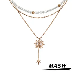 MASW Original Design Vintage Temperament Layers Simulated Pearl Portrait Pendant Necklace For Women Female Gift Fine Jewelry