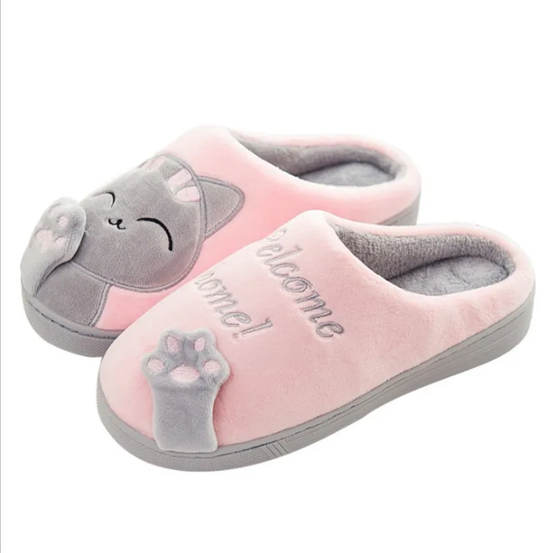 Winter Couple Home Slippers Women Shoes Cartoon Cat Slippers Men Warm Plus Size Slides Indoor Bedroom Non-slip Floor Slipper