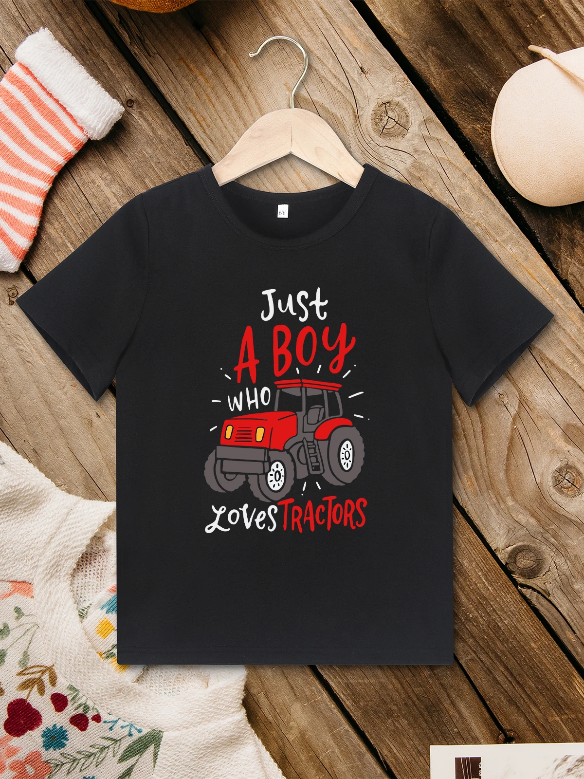 

Just a Boy Who Loves Tractors American Style Children Boy Clothes Black Trend Urban Casual Tops Comfy Fabric Summer Kids T-shirt