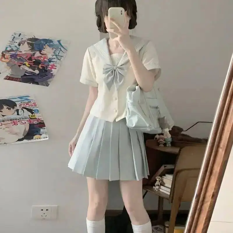 

JK Uniform Japanese Campus Style Long Short Sleeve Sailor Uniform Skirt Sailor Collar White Blue Set Daily Girl Sweet Kawaii
