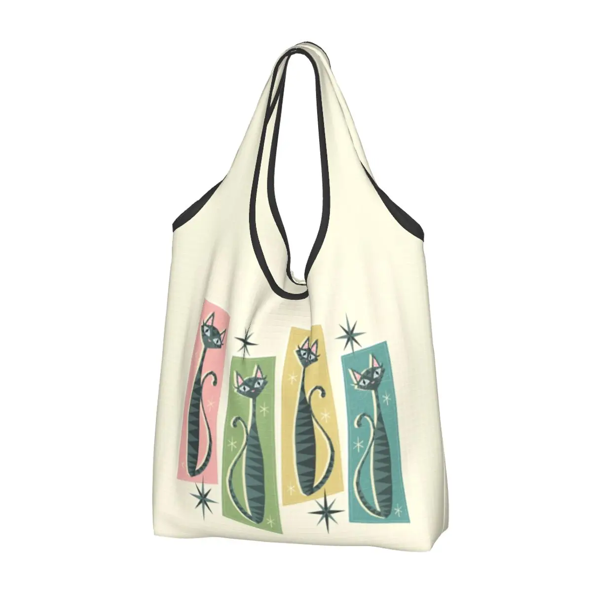 

Винтажная Сумка-тоут для покупок с принтом черной кошки на заказ, Портативная сумка-шоппер через плечо среднего века, сумка-тоут в стиле ретро