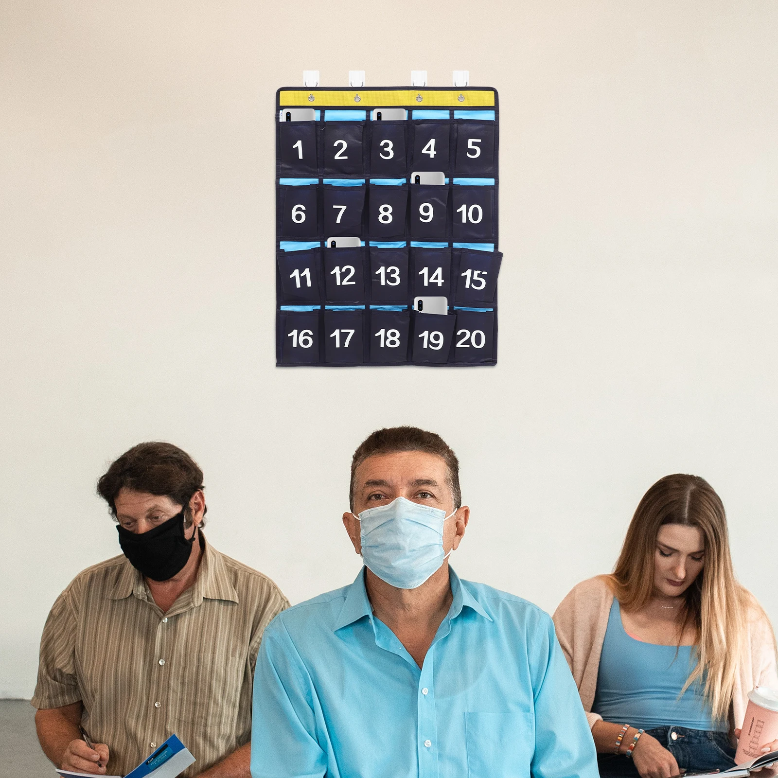 Numbered Phone Pouch Hanging Organizer Non-Woven Fabric 20 Pocket Holder Metal Rings for Classroom Dorm Cell Phone Wall Storage