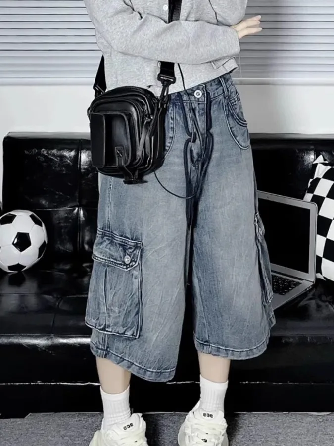 

Мужские джинсы в американском ретро-стиле, свободного кроя, с множеством карманов, укороченные (7/8), повседневные, прямые, уличный стиль