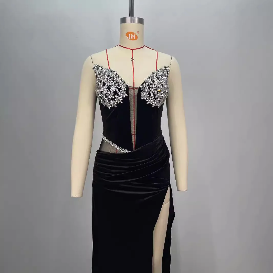 Vestidos de festa de veludo com decote em v strass sexy cintura média emagrecimento fenda bodycon vestido ropa de mujer فatuuratuur eviringen