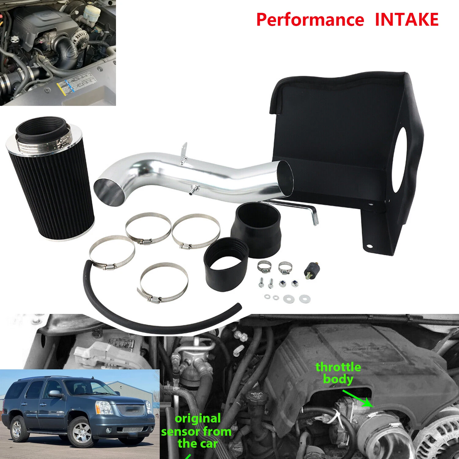 Premium Black Cold Air Intake with Heat Shield - For Yukon, Sierra, Suburban, Silverado 1500, Tahoe 4.8/5.3L V8 07-08