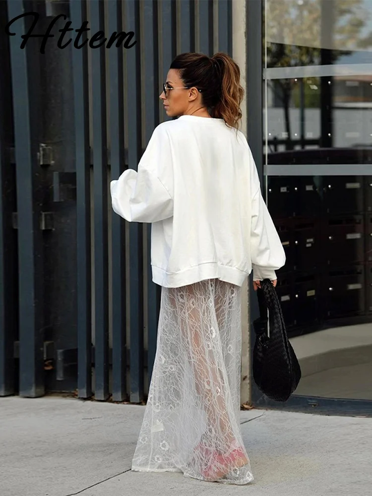 

Sexy Lace Hollow Out Tulle Skirts Women Loose Elastic Waist See Through Female Skirt 2025 Spring Summer Lady Street Outwear