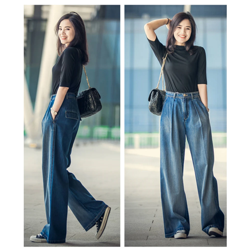 Women\'s Oversize Elastic High Waist Wide Leg Jeans Autumn Women Vintage High Quality Casual Baggy JeansWash Straight Trousers