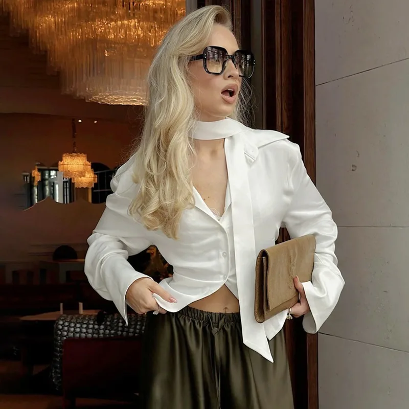 Tuularose White Women's Blouses Fashion Scarf Ribbon Single Lapel Shirts Casual Autumn Commute Elegant Chic Simple Ladies Blouse