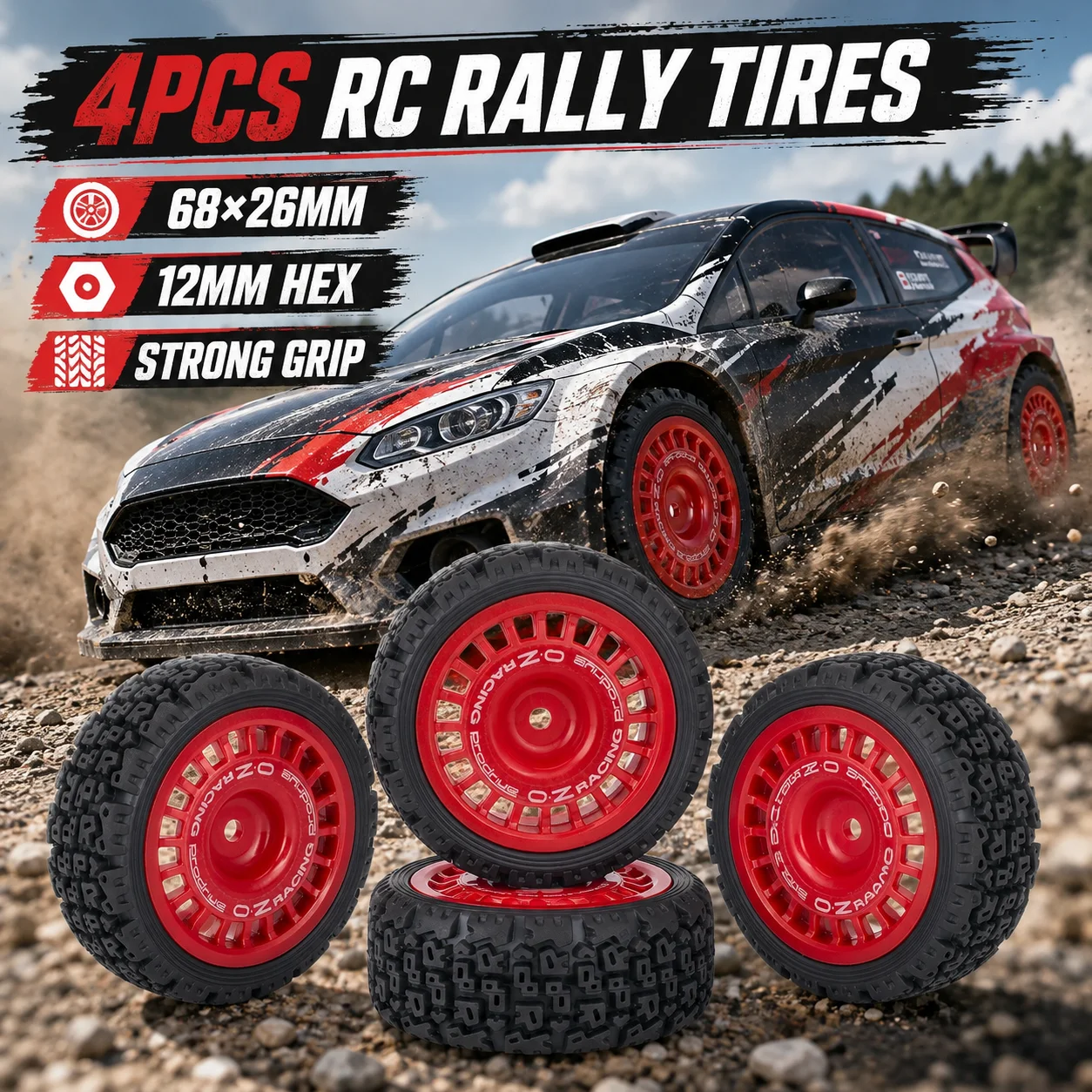 4Pcs 68mm Tires Wheels Glued Y‑Pattern Rally Tyres 12mm Hex For 1/10 RC Car Tamiya TT02 TT‑01 XV01 PTG‑2 DF‑03 WR8 Upgrade Parts