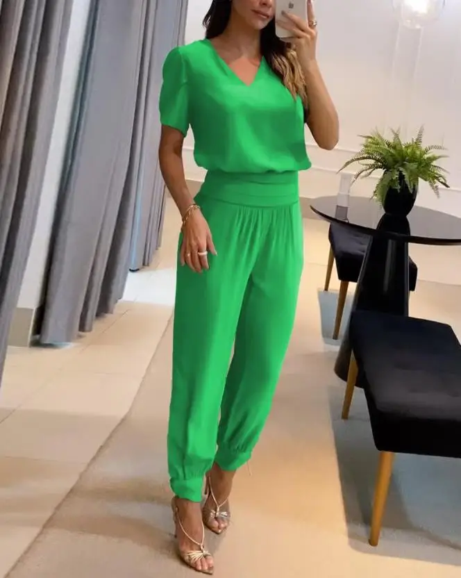 Two Piece Set Women Outfit 2024 Summer Puff Sleeve V-Neck Short Sleeve Top & Casual High Waist Pocket Daily Cuffed Pants Set