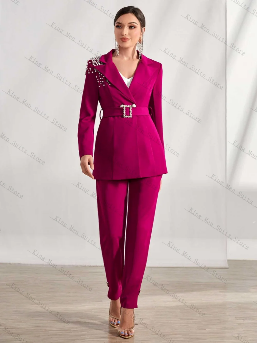 

Luxury Women Suits Set 2 Piece Blazer+Pants Trousers Stone Beaded Customized Office Lady Jacket Wedding Tuxedos Party Gown Robe