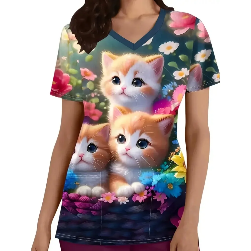 Frauen Krankenschwester Uniform Plus Größe 3d Katze Druck V-ausschnitt Tasche Medizinische Uniformen Cartoon Pflege Peeling Top Arbeits Uniforme Elegante Y2k