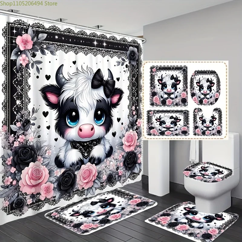 

1pc/3pcs/4pcs Cartoon Cute Bow Calf Pattern Bathroom Shower Curtain