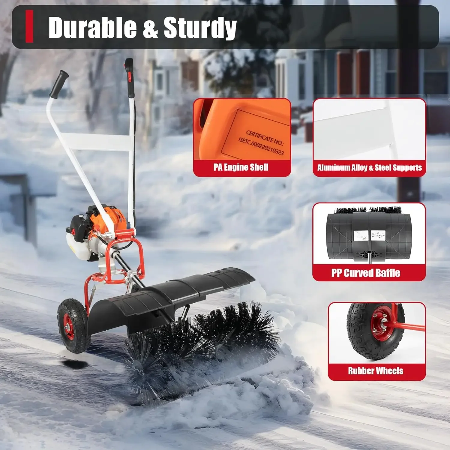 Gasoline Powered Snow Sweeper 2-Stroke Sweeper Broom Driveway Turf Grass Cleaning Sweeping Broom Cleaning Tool with Wheels,