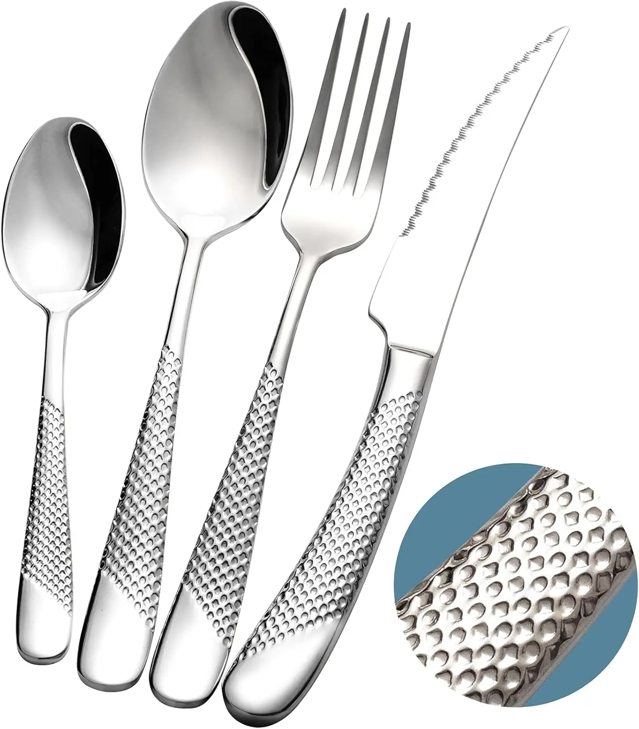 

16-Piece Modern Hammered Cutlery Set with Ultra Sharp 2-in-1 Serrated Knife, 18/10 Stainless Steel Silverware for 4