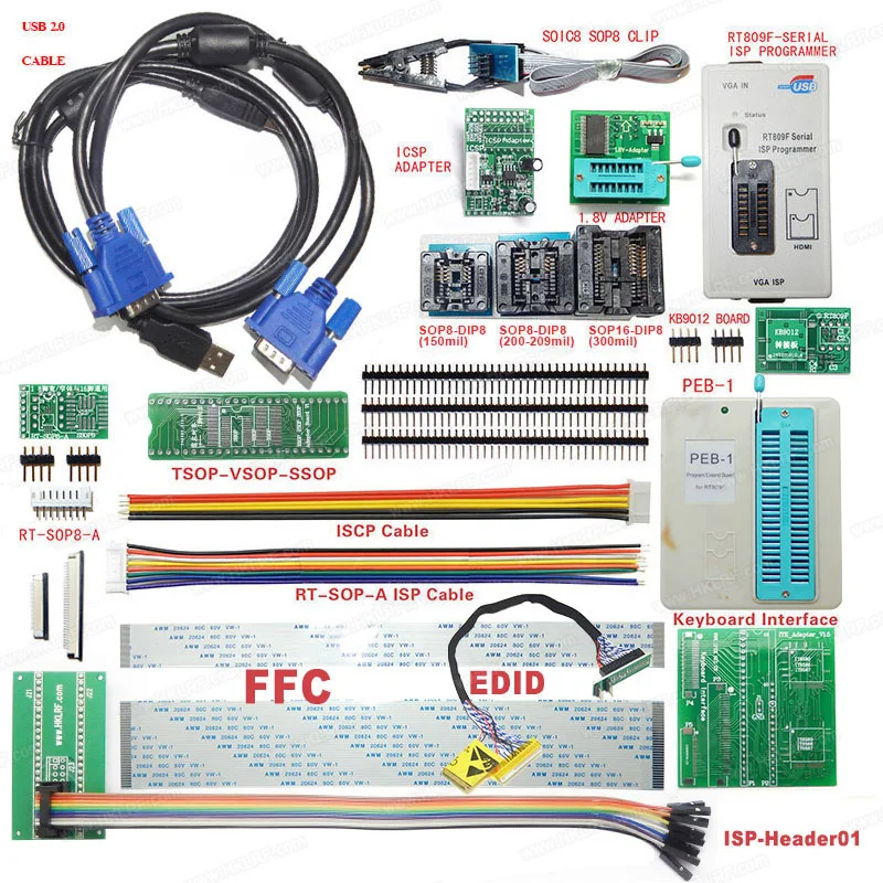 Programador de Circuitos Integrados USB RT809F ISP con Adaptador de Zócalo SOP + PEB-1 + EDID + Programador Universal de Circuitos Integrados ISP