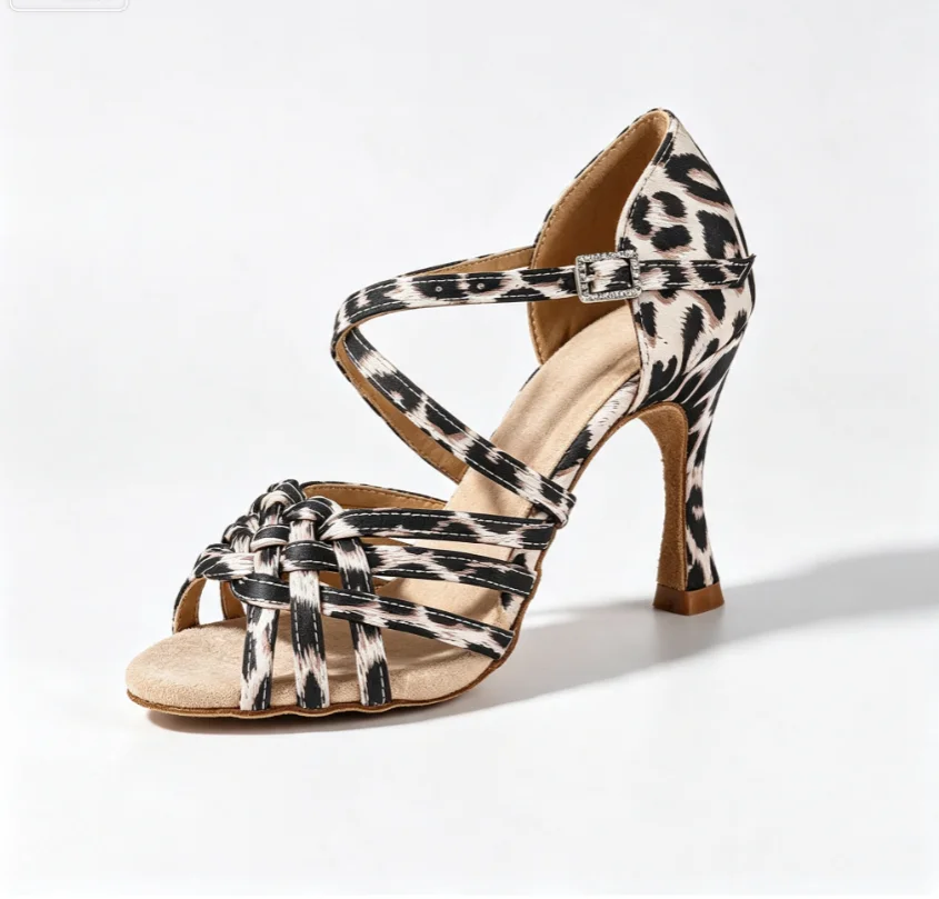 Leopard Print Latin Dance Shoes Women 9cm Rhinestone Buckle Salsa Bachata Ballroom Party Dance Sandals Girls Sneaker Footwear
