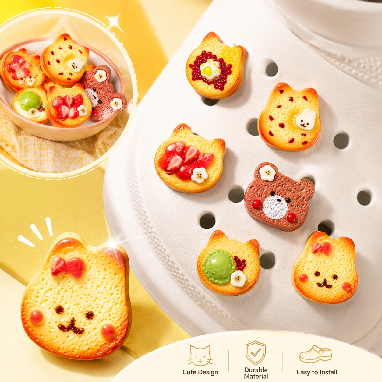 16pcs Random Cute Animal Bread Shoe Charms - Cartoon Cat & Bear Toast Decor for Clogs & Beach Bags