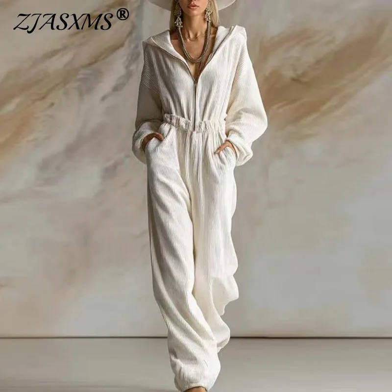 

Casual Solid Ribbed Hooded Jumpsuit Outfits Women Half Zip Front Elastic Ruched Waist Rompers Spring Long Sleeve Pocket Overalls