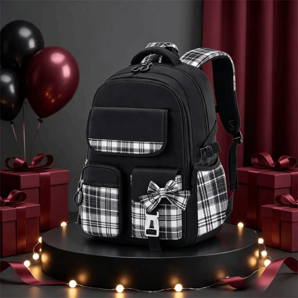 spine-protection-large-capacity-school-backpack-checkered-plaid-student-backpack-multiple-pockets-bow-girls-backpack-schoolbag