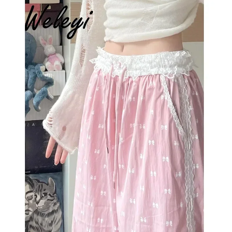 

Sweet Girl Pink Thin Overalls Cute Loose Lace-edged Wide-leg Pants 2024 New Women's Summer Casual High-waisted Bow Sweatpants