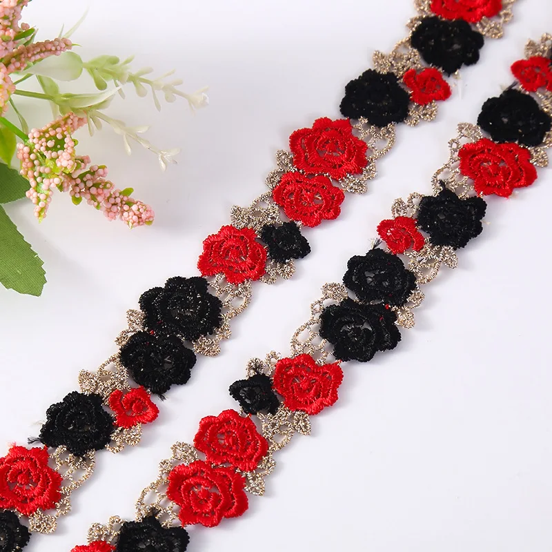 

30 ярдов кружевная обрезка в стиле Лолиты с цветочной вышивкой, полиэстер, водорастворимая кружевная бейка с вышивкой, ткань