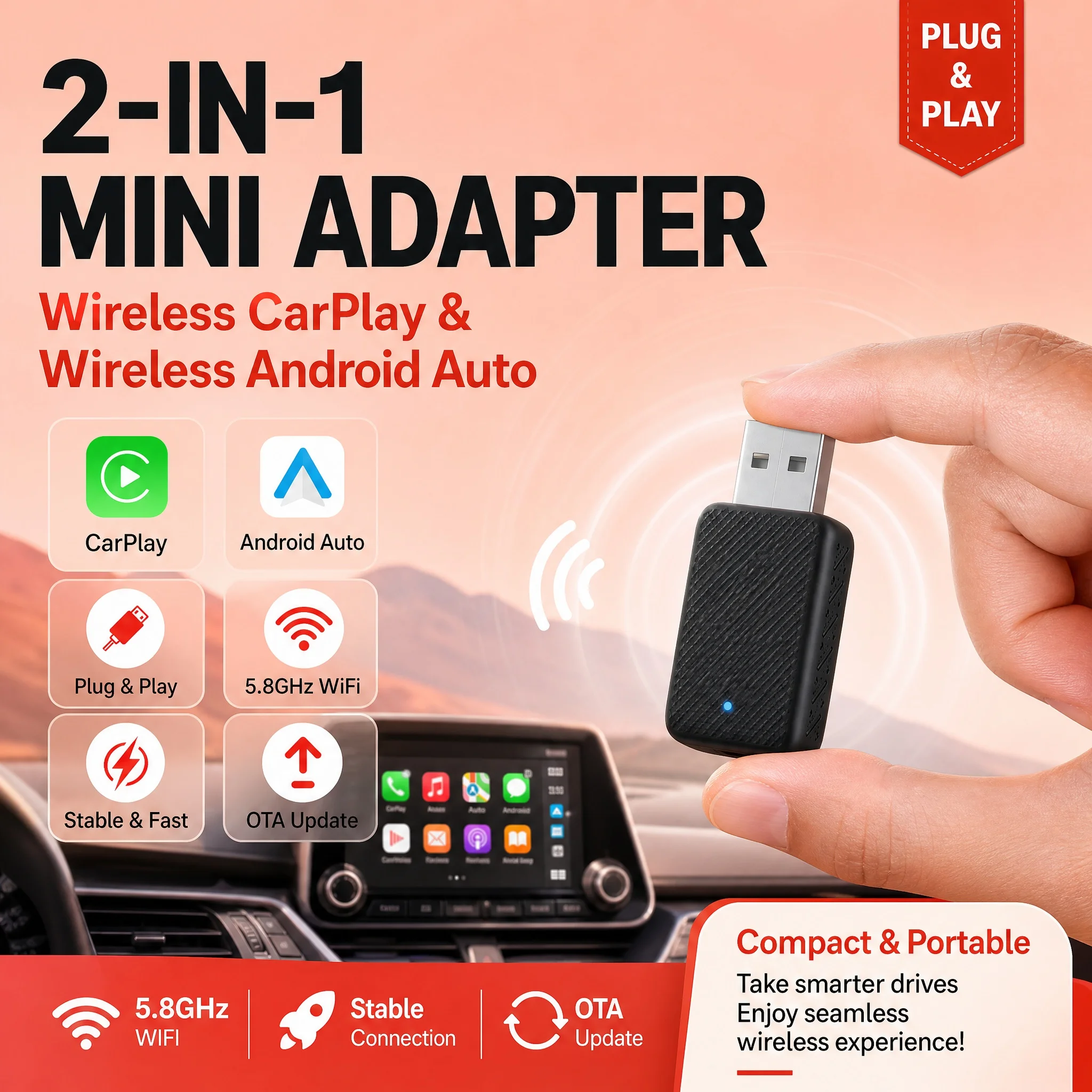 XUDA 2026 NEW Wireless Carplay and Android Auto 2in1 smart Mini Box WIFI BT Auto Connect For Toyota Volvo Benz MG Kia MAZDA FORD