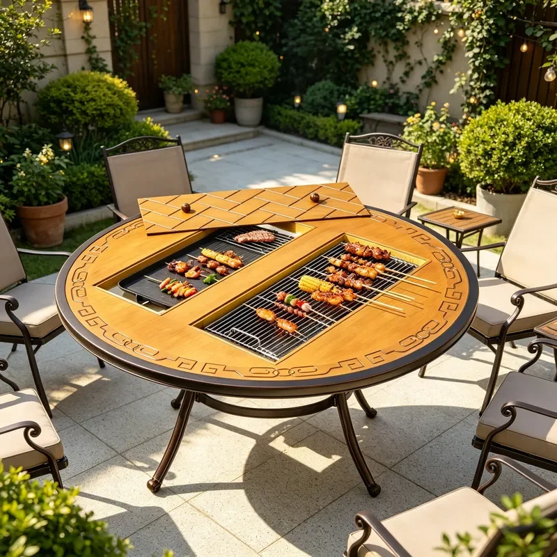 Outdoor Round Cast Aluminum Double Grill Barbecue Table Multi Functional Stove Dining Table for Courtyard Household Use