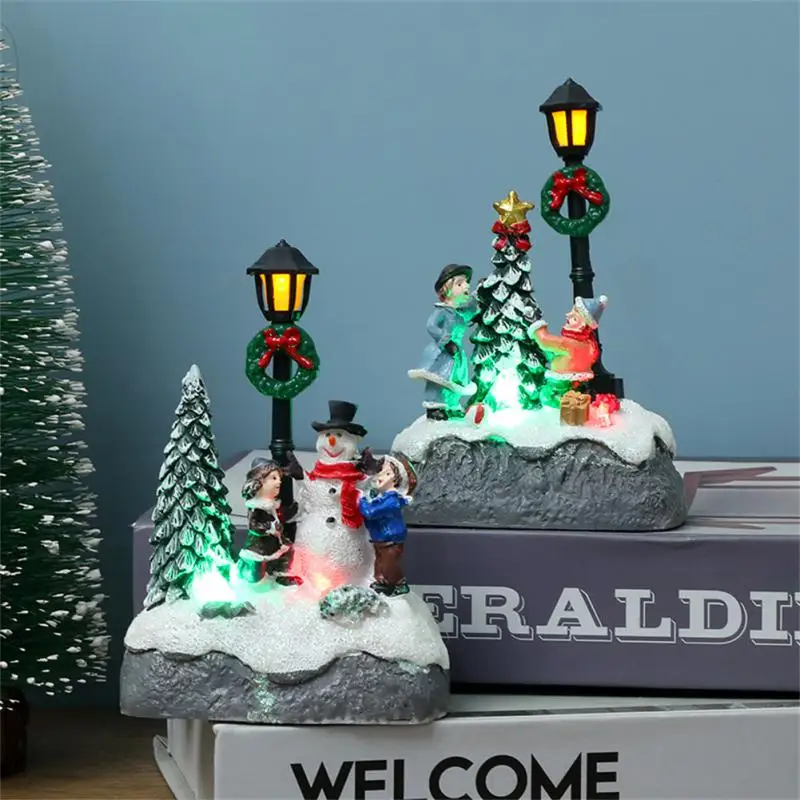 Resin Christmas Decor Village Ornaments Figurines Decoration Santa Claus Pine Needles Snow View House Holiday Gift Home Decor