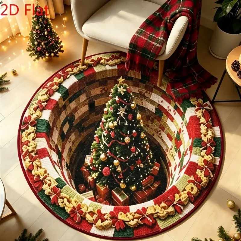 VIKAMA 3D Vortex Christmas Tree Hole Illusion Round Rug Non Slip Soft Plush Carpet Living Room Xmas Decor Floor Rug Soft