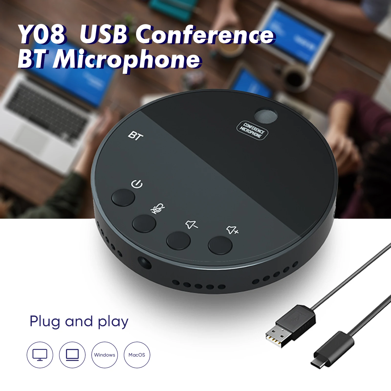 Desktop USB Conference Speakerphone Microphone 360° Omnidirectional Condenser Computer Mic Mute/Volume Function with Speaker