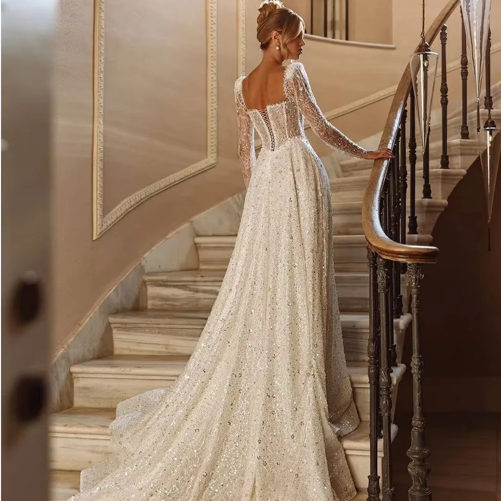 Customized Modern Shiny Long Sleeved Wedding Dress For Woman Bride Pearl Lace Square A-line Bridal Gown