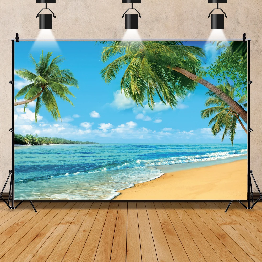 Laeacco Tropical Summer Sea Backgrounds Beach Sand Blue Sky Cloudy Scenic Photo Background Photography Backdrops Photo Studio