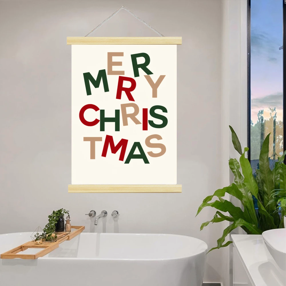 1pc Merry Christmas Word Scroll Hanging Canvas Painting Poster Prints Minimalist Multicolor Vertical MERRY CHRISTMAS Lettering
