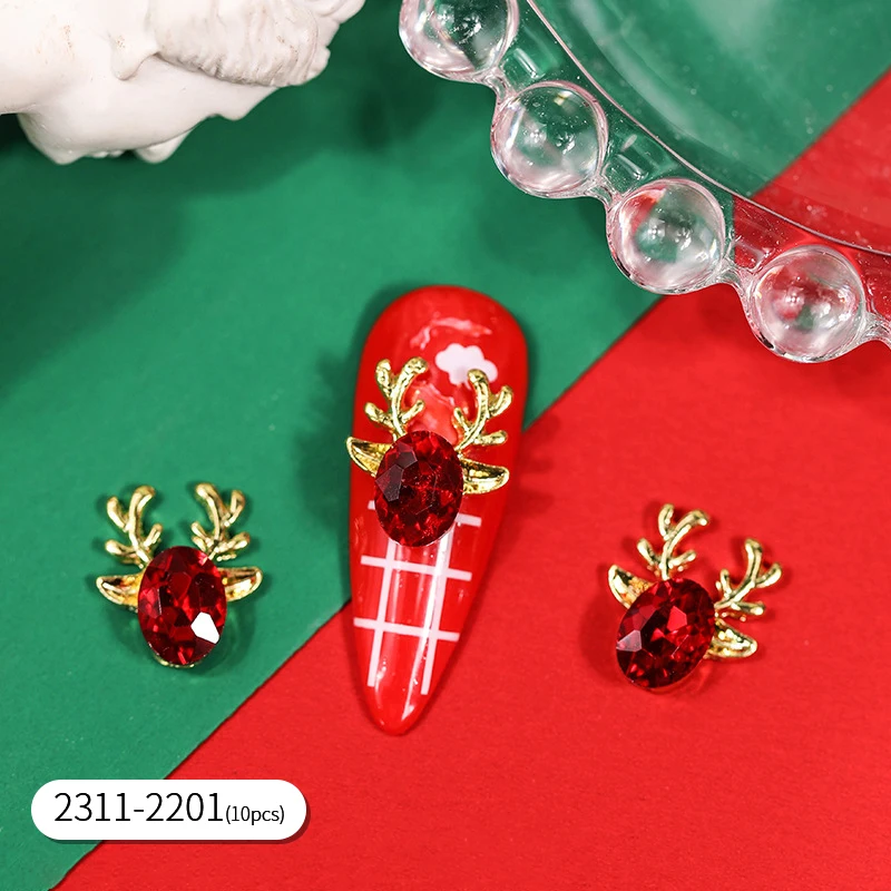 10 PCS Christmas Series Cute Reindeer Alloy Rhinestones Christmas Nail Decoration DIY Nail Accessories