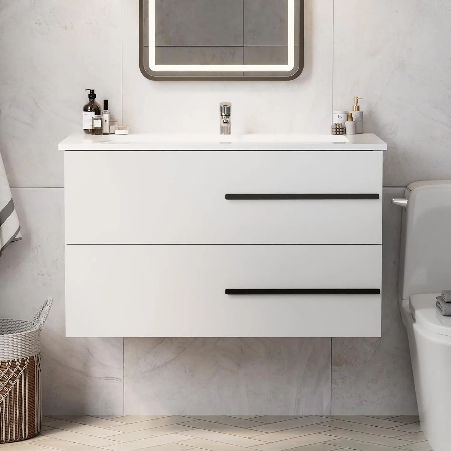 

36" Floating Bathroom Vanity Wall-Mounted Ceramic Top 2 Storage Drawers Apartment Guest Powder Room Customized