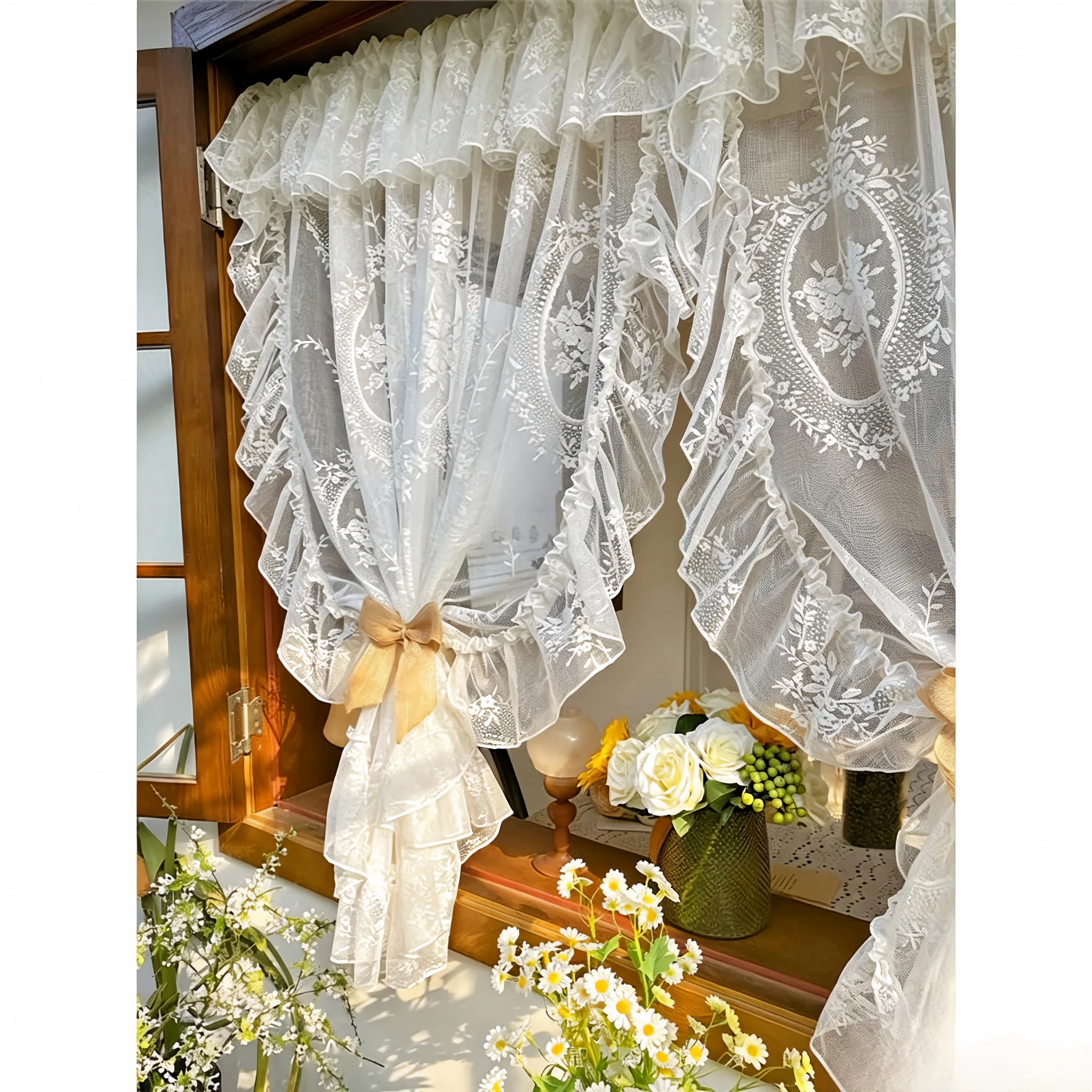 200043   French Rococo vintage lace curtains embroidered bedroom bay windows half curtains Korean style door curtains