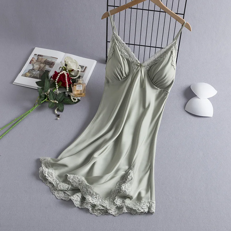 

Ночная сорочка-платье женское, атласное, домашнее, сексуальное, без рукавов, с кружевными бретелями, для сна и отдыха
