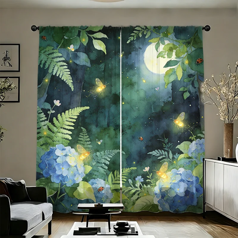 2pcs Moonlight Firefly Hydrangea Curtains Forest Night Print Blackout Drape Living Room Bedroom Window Treatment