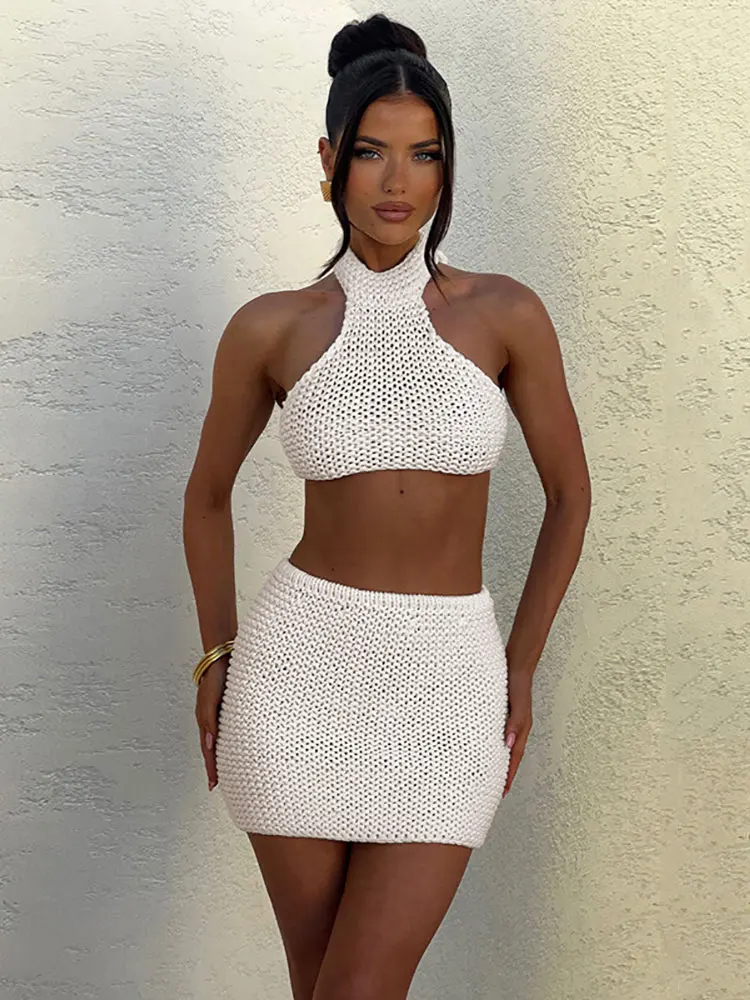 GACVGA White Knit Two Piece Set Women Backless Halter Top And Mini Skirt Matching Sets Sexy 2024 Summer  Women Outfits