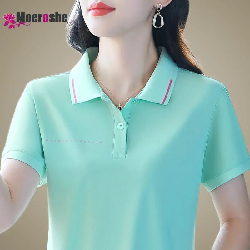 Summer  Ice Silk Short Sleeve Women's Polo Shirt Sports T-shirt Crop Youthful Basic T-shirts Ladies Clothing Golf Top Pulovers