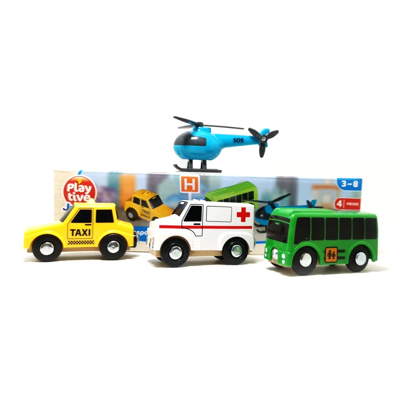Children's Toy Car+Airplane 4-Piece Set,Coasting Magnetic Connected To Wooden Train  Track Children's Toy,B171