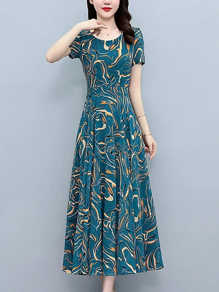 Vestido Midi de manga corta con estampado azul para mujer, traje elegante e informal para vacaciones, estilo coreano ceñido al cuerpo para fiesta y noche, L182