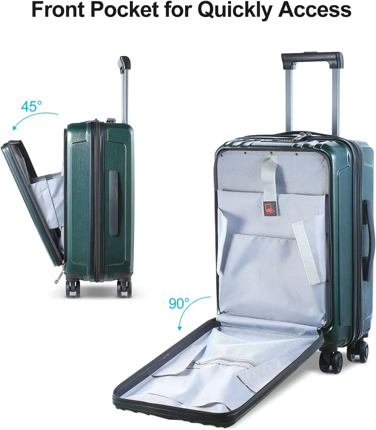 Bagage à main avec poche avant pour ordinateur portable 15.6 ", léger, ABS + PC, contrôle des touristes, verrouillage TSA, roues silencieuses, spinner vert, 21 pouces