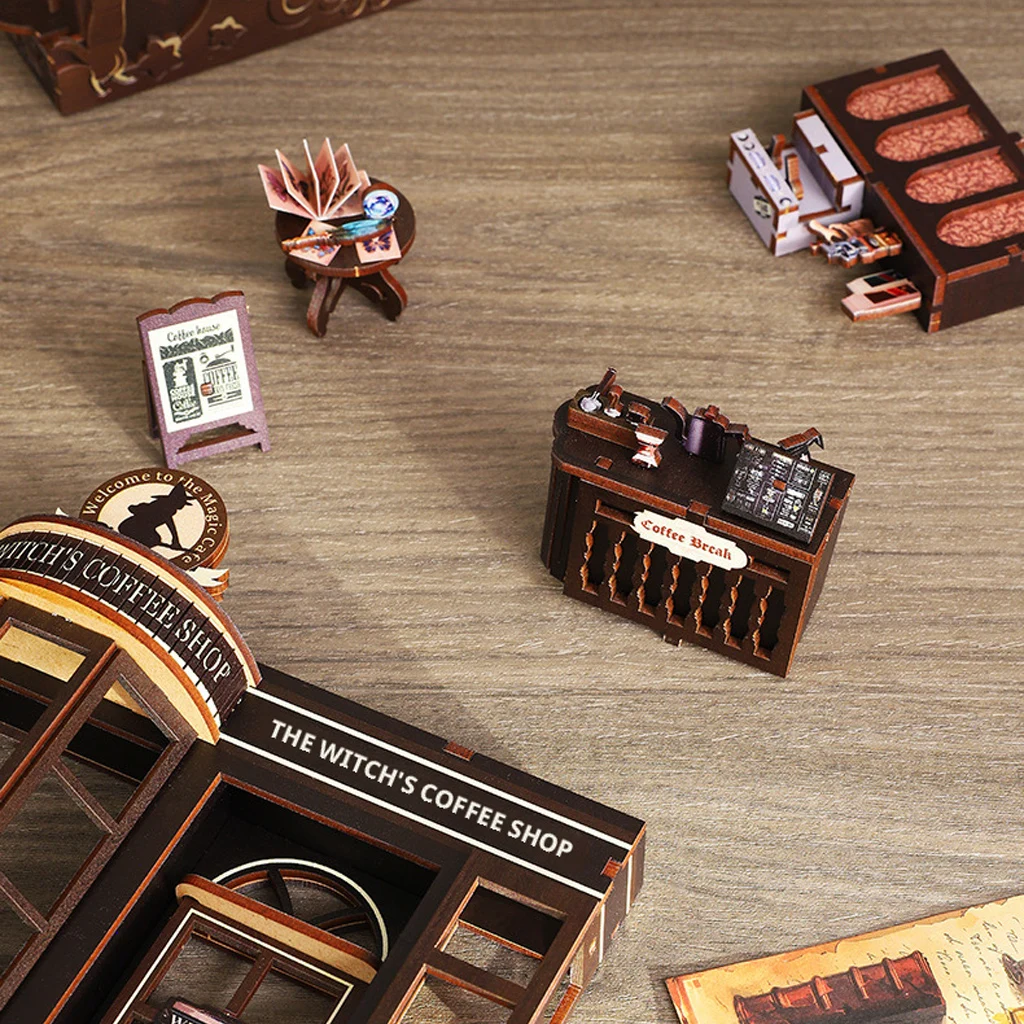 مجموعة OUZEY 3D Wooden Book Nook DIY - مشهد مصغر "Magic Cafe"، مجموعة مقهى إبداعية، هدية ديكور مكتب منزلي للبالغين #5