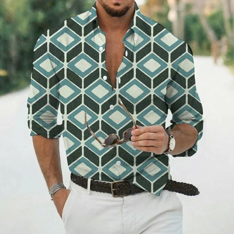 Men's collar button up long sleeved shirt, retro diamond shaped geometric full print shirt, beach vacation casual loose top