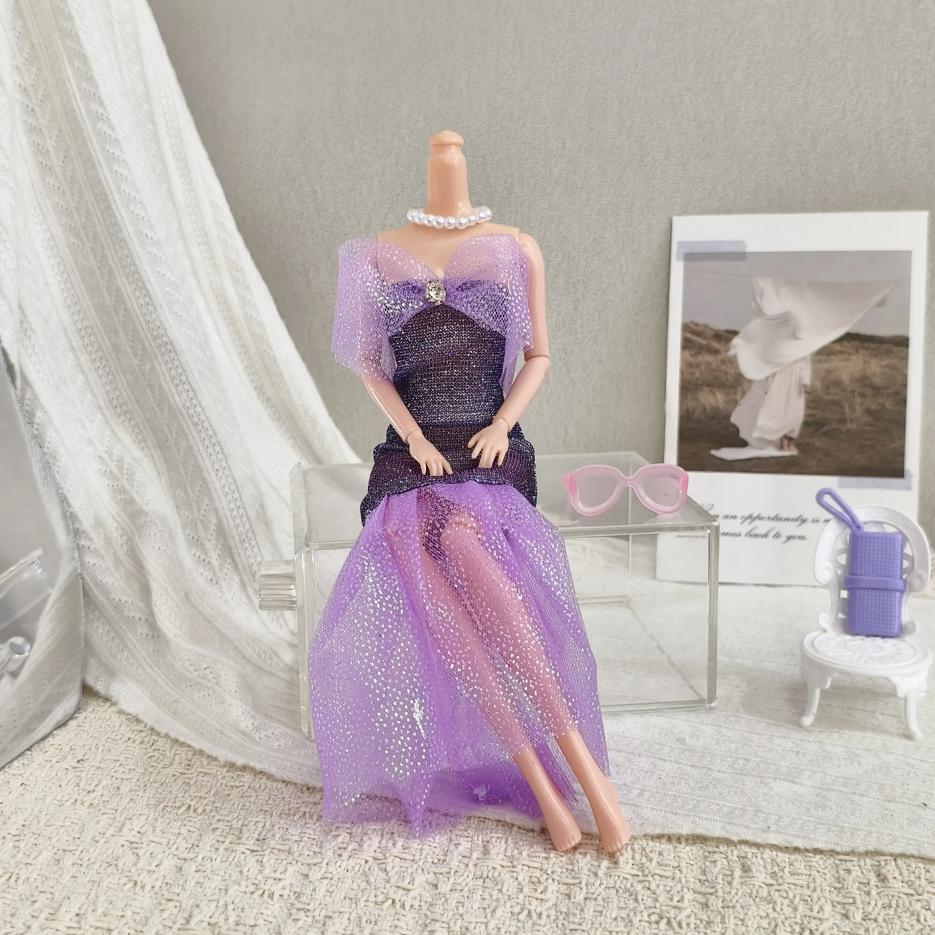

Роскошное фиолетовое вечернее платье с вырезом в форме рыбьего хвоста, элегантное, нежное и блестящее платье для куклы-супермодели 1/6 FR Babi, праздничная одежда для куклы.